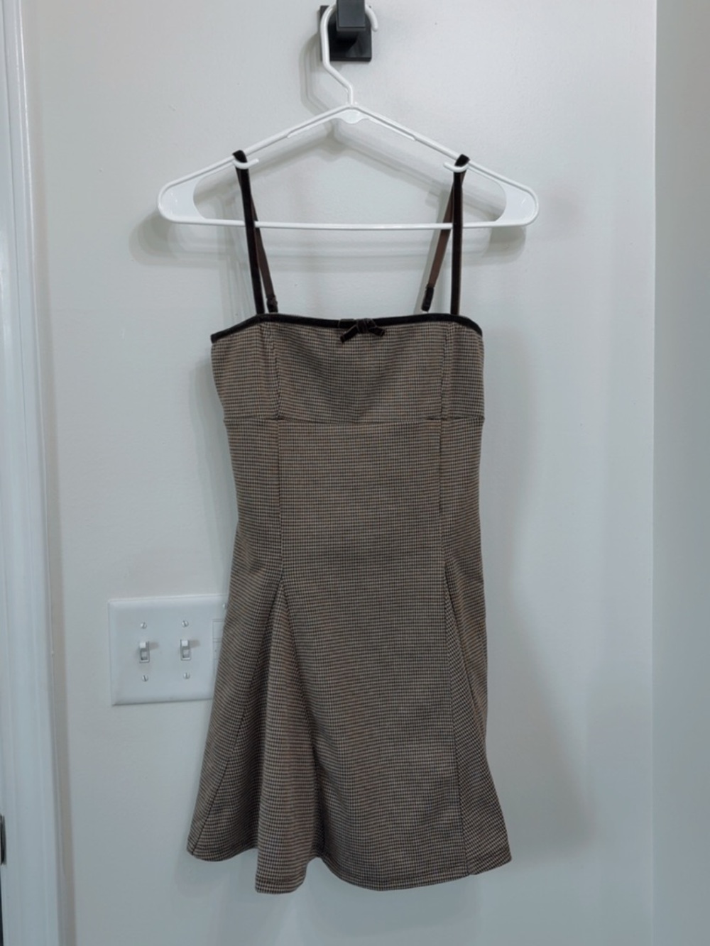 Mini Spaghetti-Strap Checked mini Dress in Brown